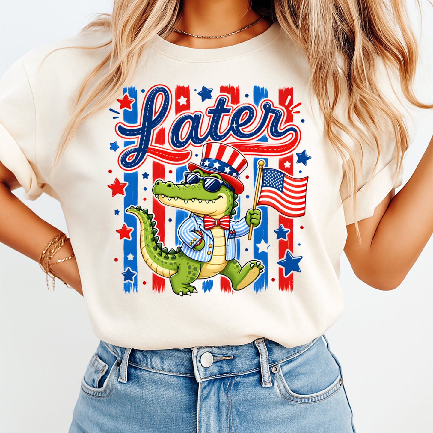Patriotic Later alligator DTF transfer mockup on cream shirt with red white and blue 4th of July design