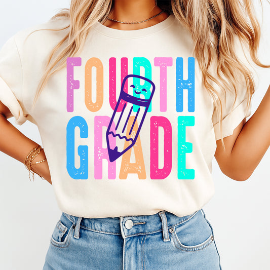Fourth grade pencil DTF transfer mockup on cream shirt with colorful school design for teacher or student shirts