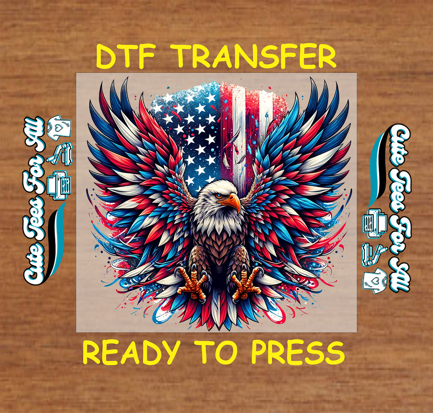DTF transfer with eagle design on a wooden background