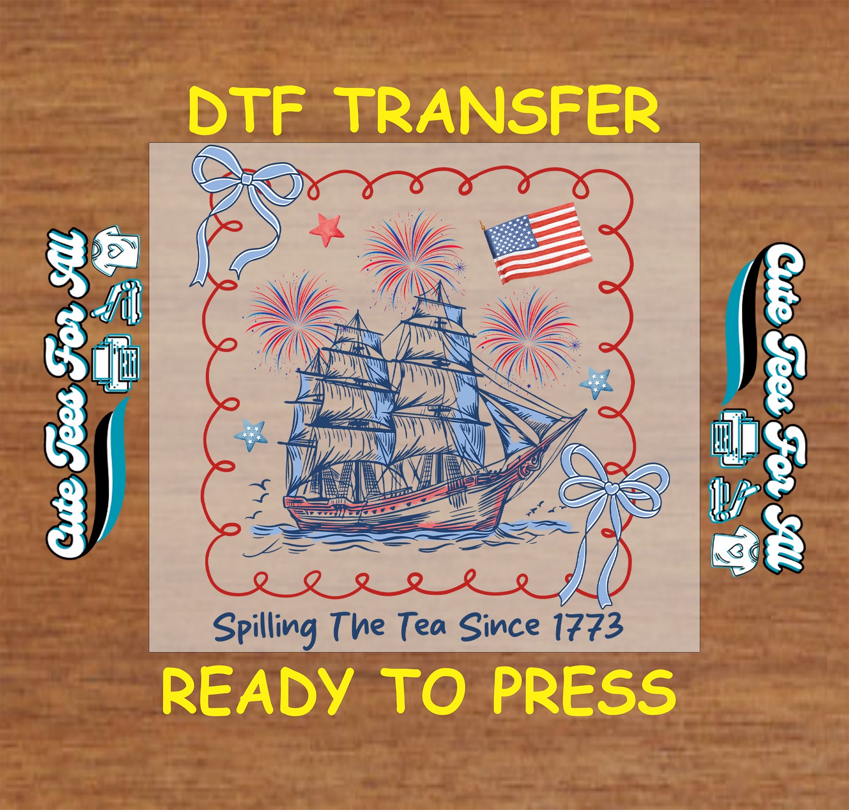 DTF transfer with ship and American flag design on a wooden background