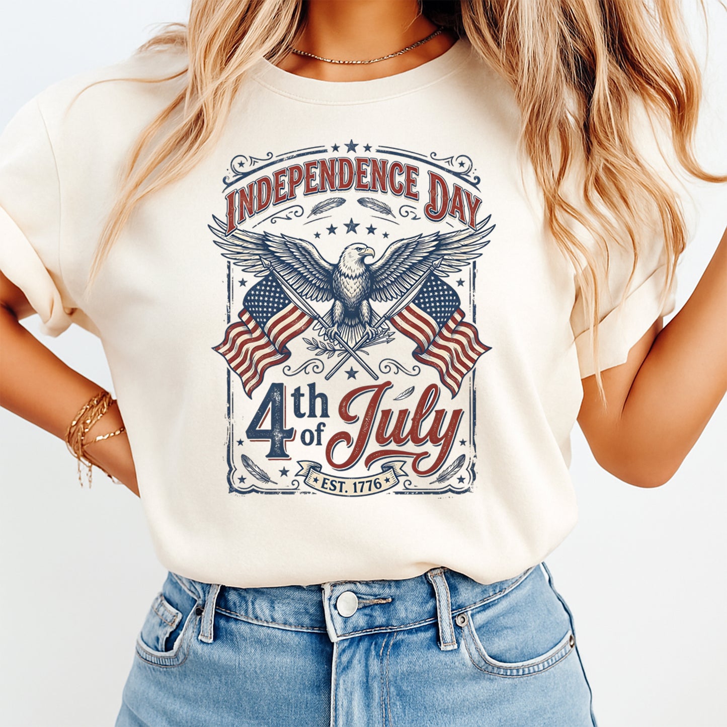 Patriotic Independence Day DTF transfer mockup on cream shirt with eagle and American flag 4th of July design