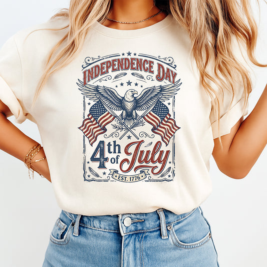 Patriotic Independence Day DTF transfer mockup on cream shirt with eagle and American flag 4th of July design