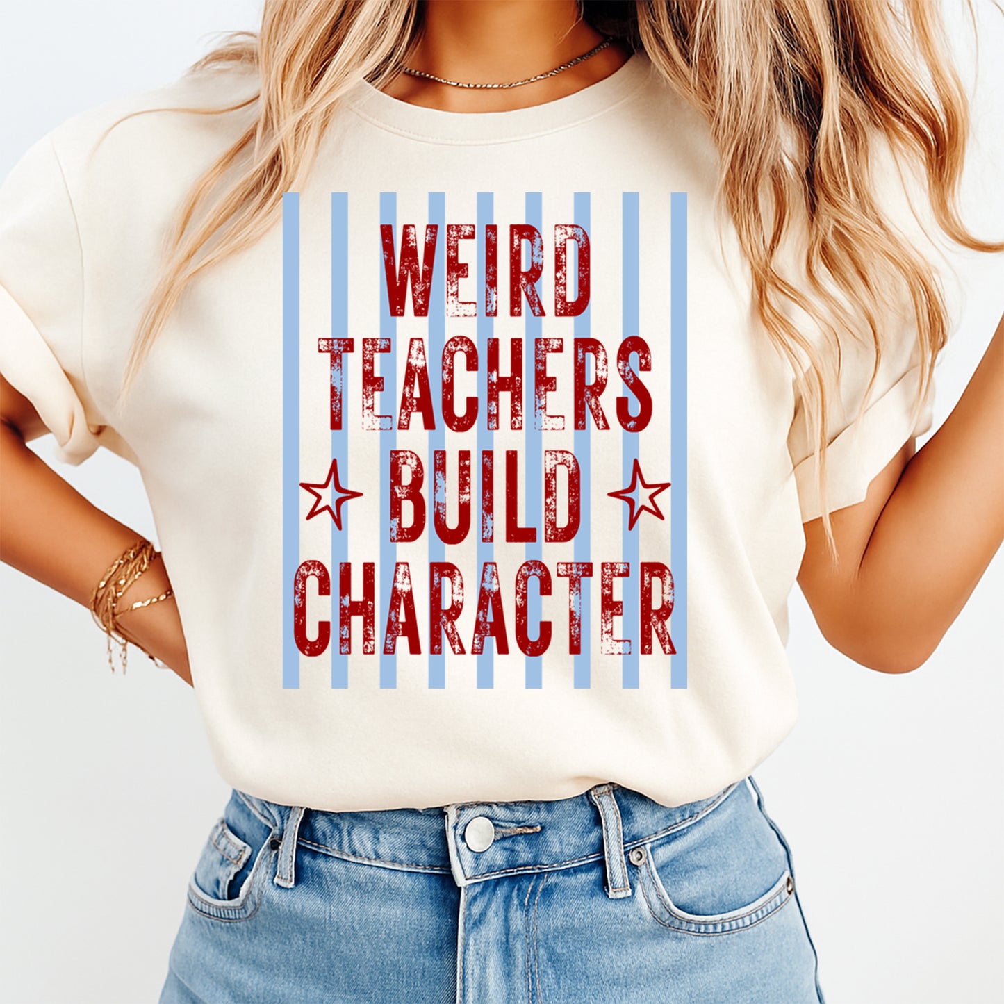 Teacher DTF transfer mockup on cream shirt with Weird Teachers Build Character red lettering design