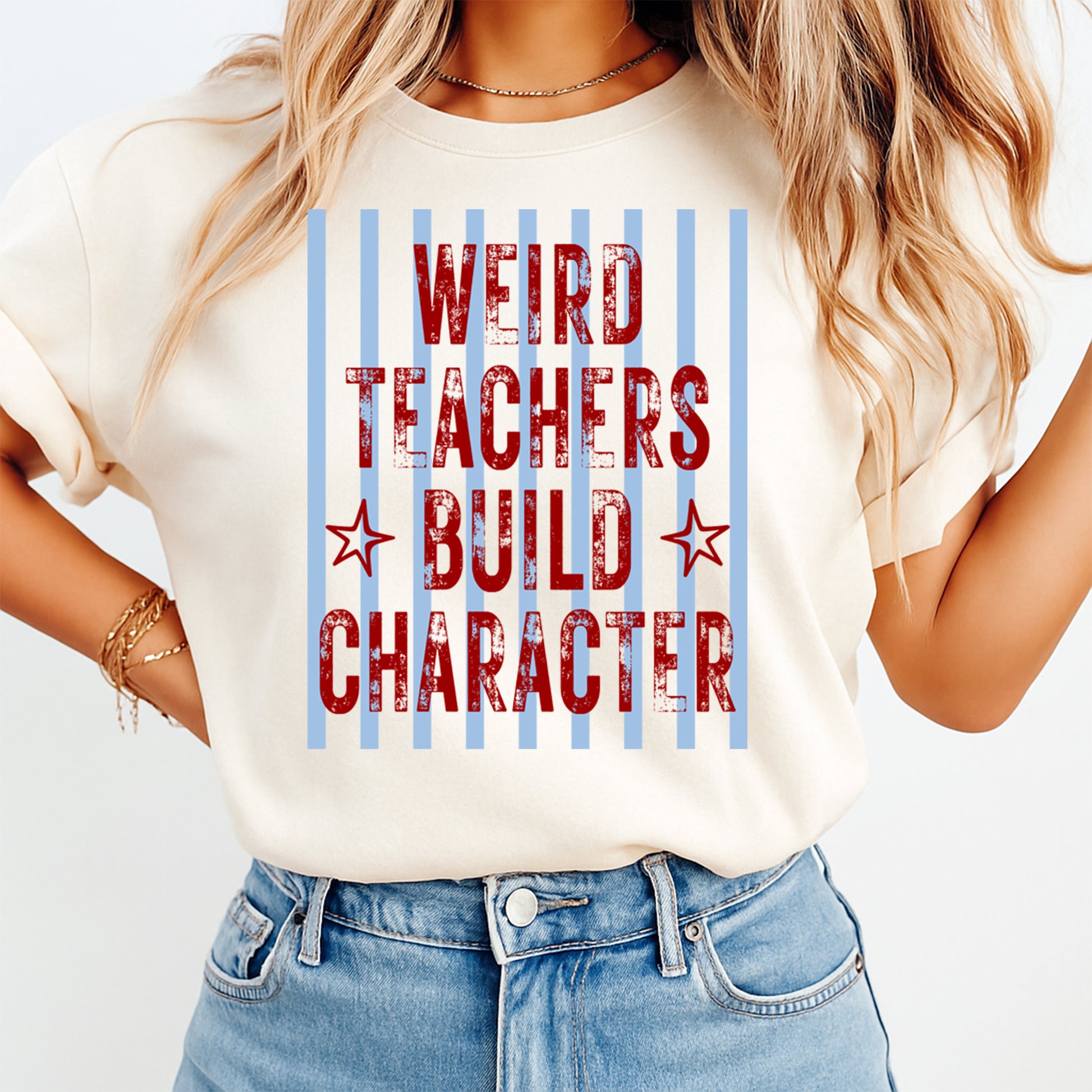 Teacher DTF transfer mockup on cream shirt with Weird Teachers Build Character red lettering design
