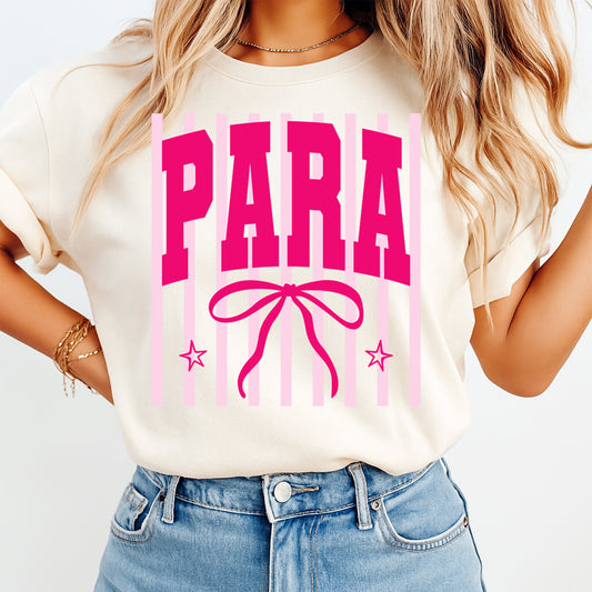 Cream shirt mockup featuring pink PARA bow and stripe ready to press DTF transfer for paraprofessional shirts