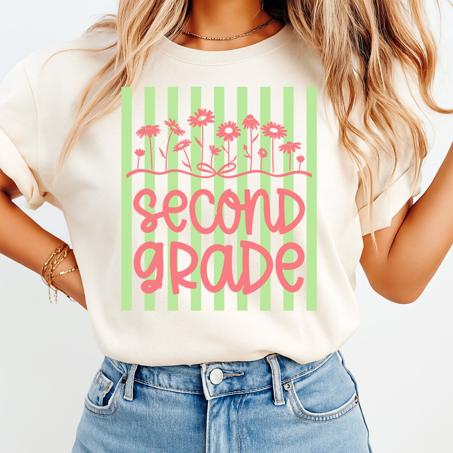 Cream shirt mockup featuring second grade floral stripe ready to press DTF transfer for teacher shirts