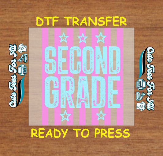 Second grade light blue distressed lettering with pink stripes and star accents DTF transfer design ready to press