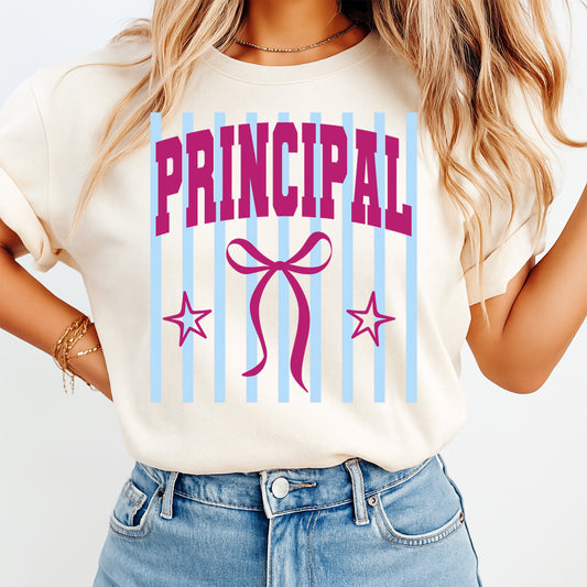 Person wearing a t-shirt with 'PRINCIPAL' text and graphics on a plain background