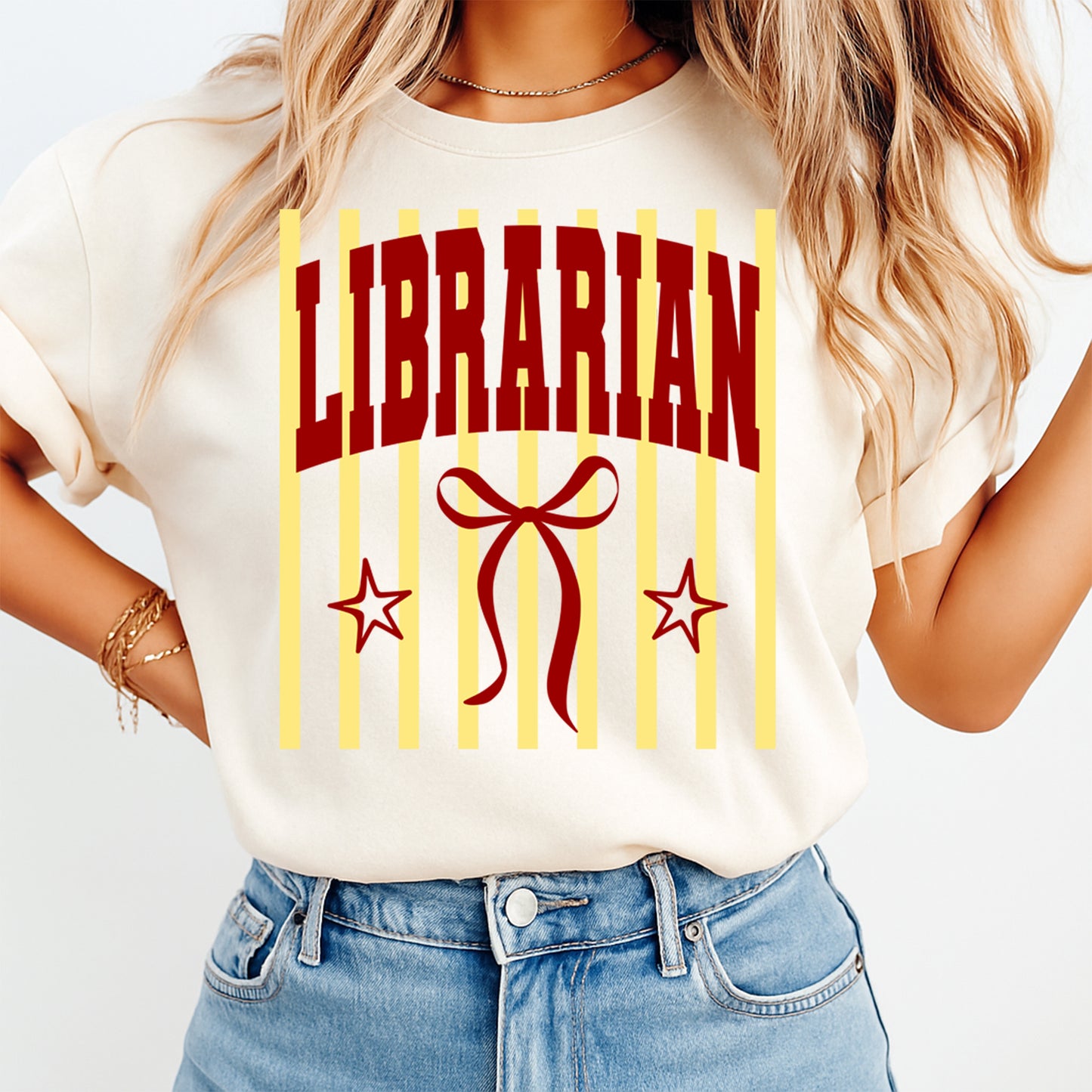 Cream shirt mockup featuring red LIBRARIAN bow and yellow stripe ready to press DTF transfer for librarian shirts