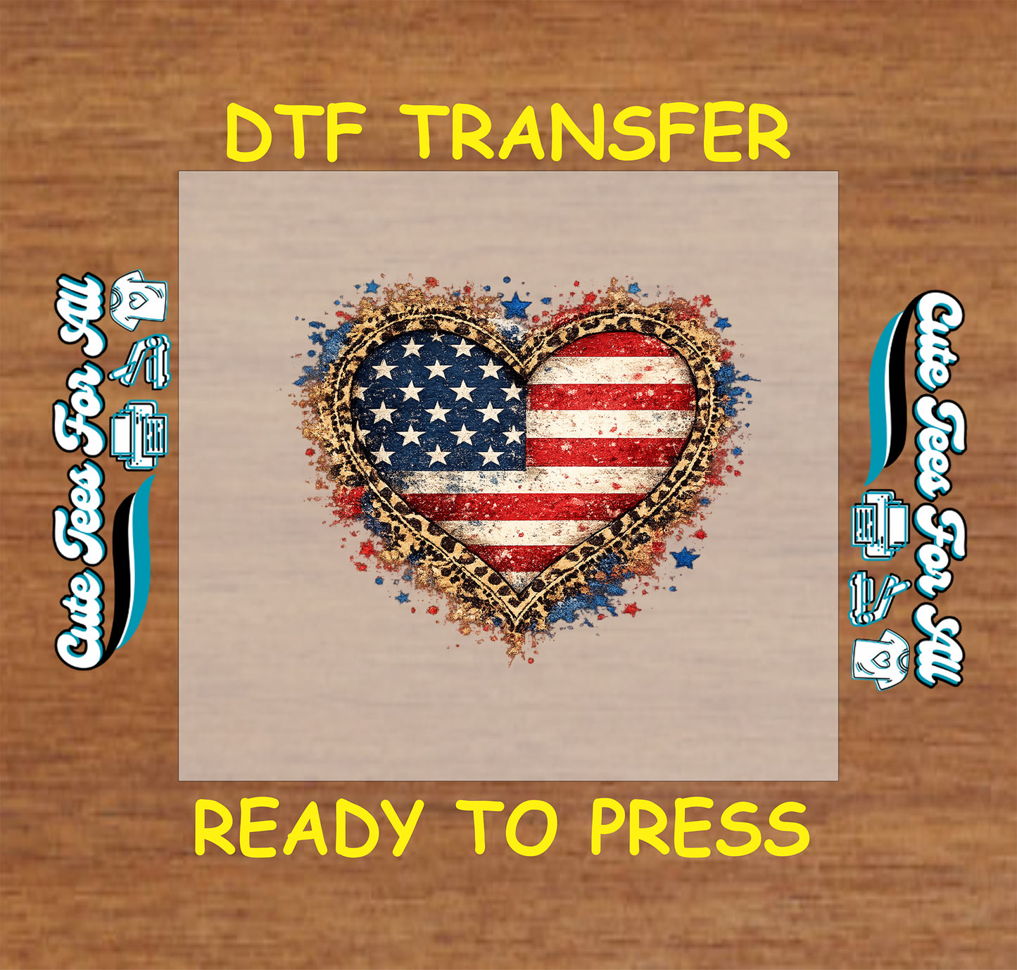 Distressed American flag heart DTF transfer design with leopard border, stars, red white and blue details ready to press