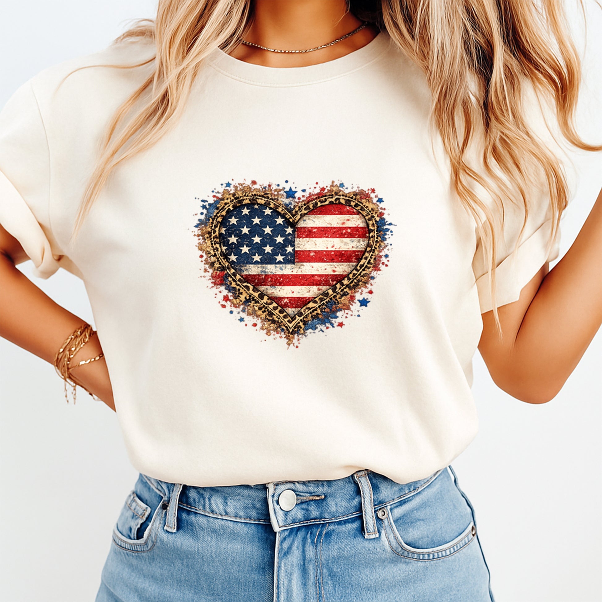 Cream shirt mockup featuring distressed American flag heart leopard ready to press DTF transfer for patriotic shirts