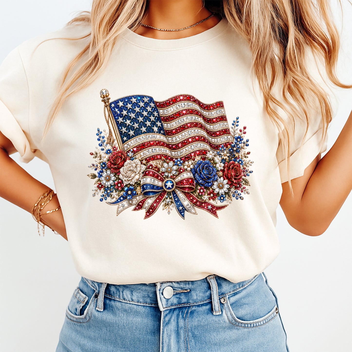 Cream shirt mockup featuring American flag floral rhinestone ready to press DTF transfer for patriotic shirts
