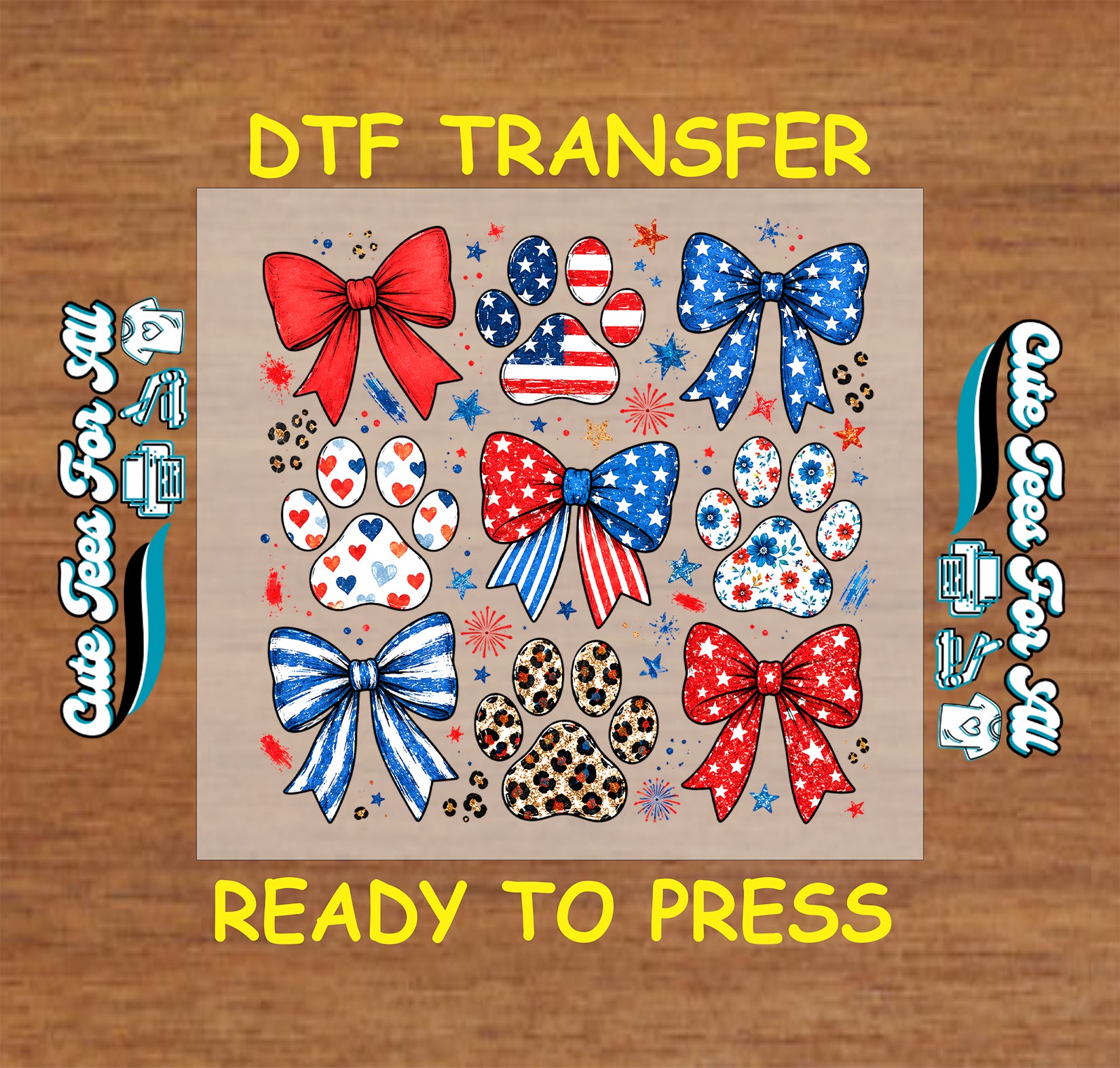 DTF transfer with bows and paw prints on a wooden background