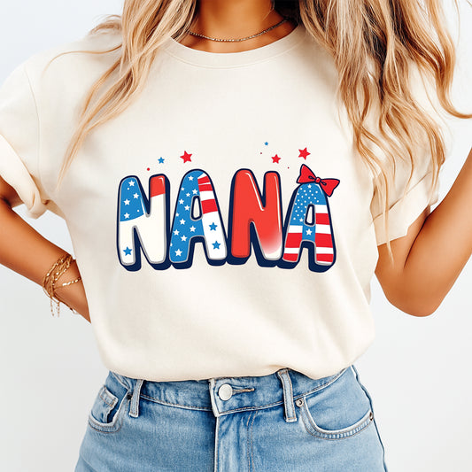 Woman wearing cream shirt with patriotic Nana DTF transfer design in red white and blue