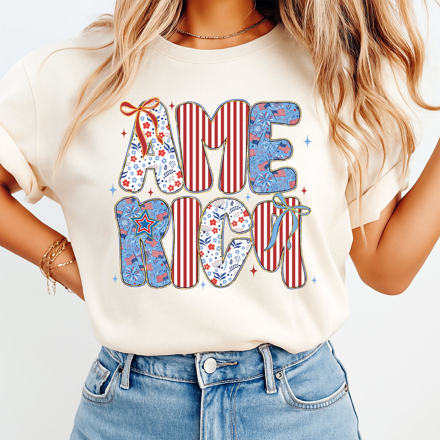 Woman wearing cream shirt with patriotic America DTF transfer design in red white and blue