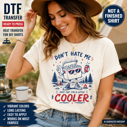 Woman wearing a t-shirt with a graphic design and text, with promotional text about DTF transfers.