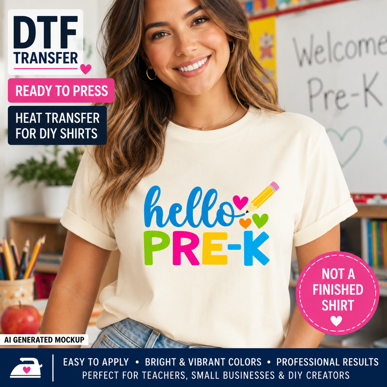 Woman wearing a 'hello PRE-K' t-shirt in a classroom setting with DTF transfer text overlay.