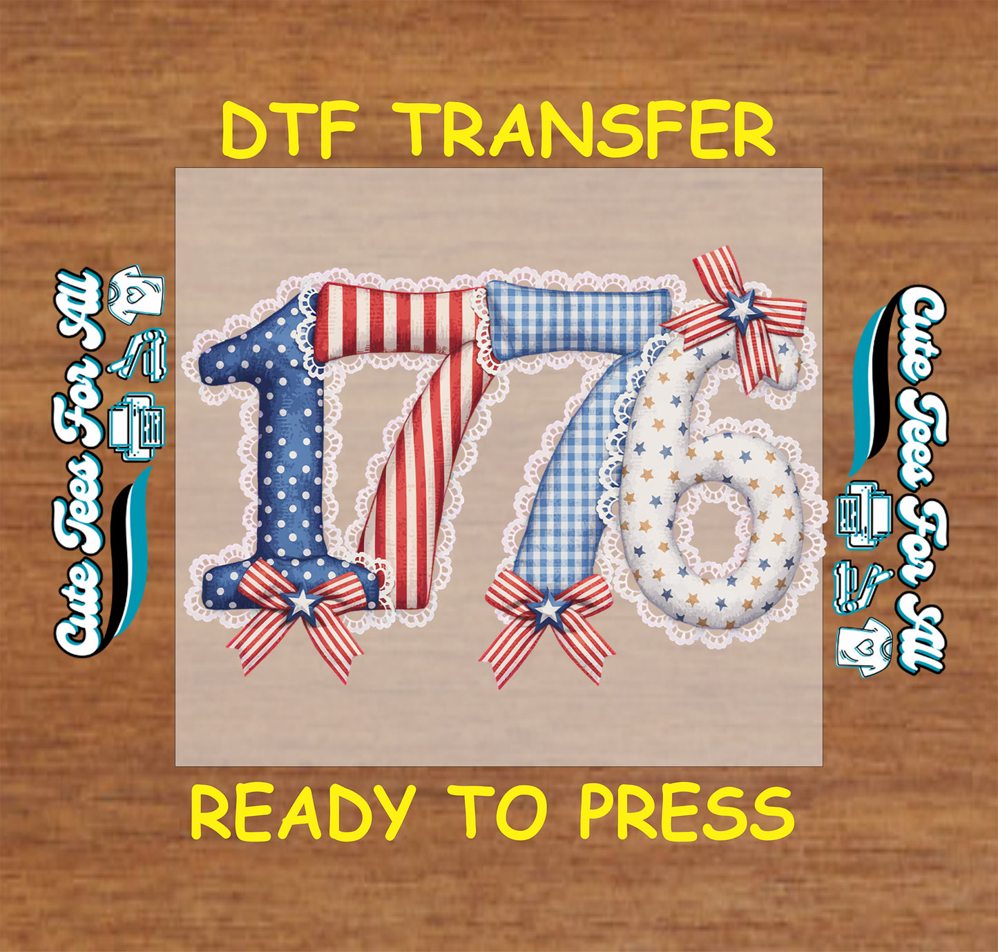 DTF transfer with decorative numbers and ribbons on a wooden background
