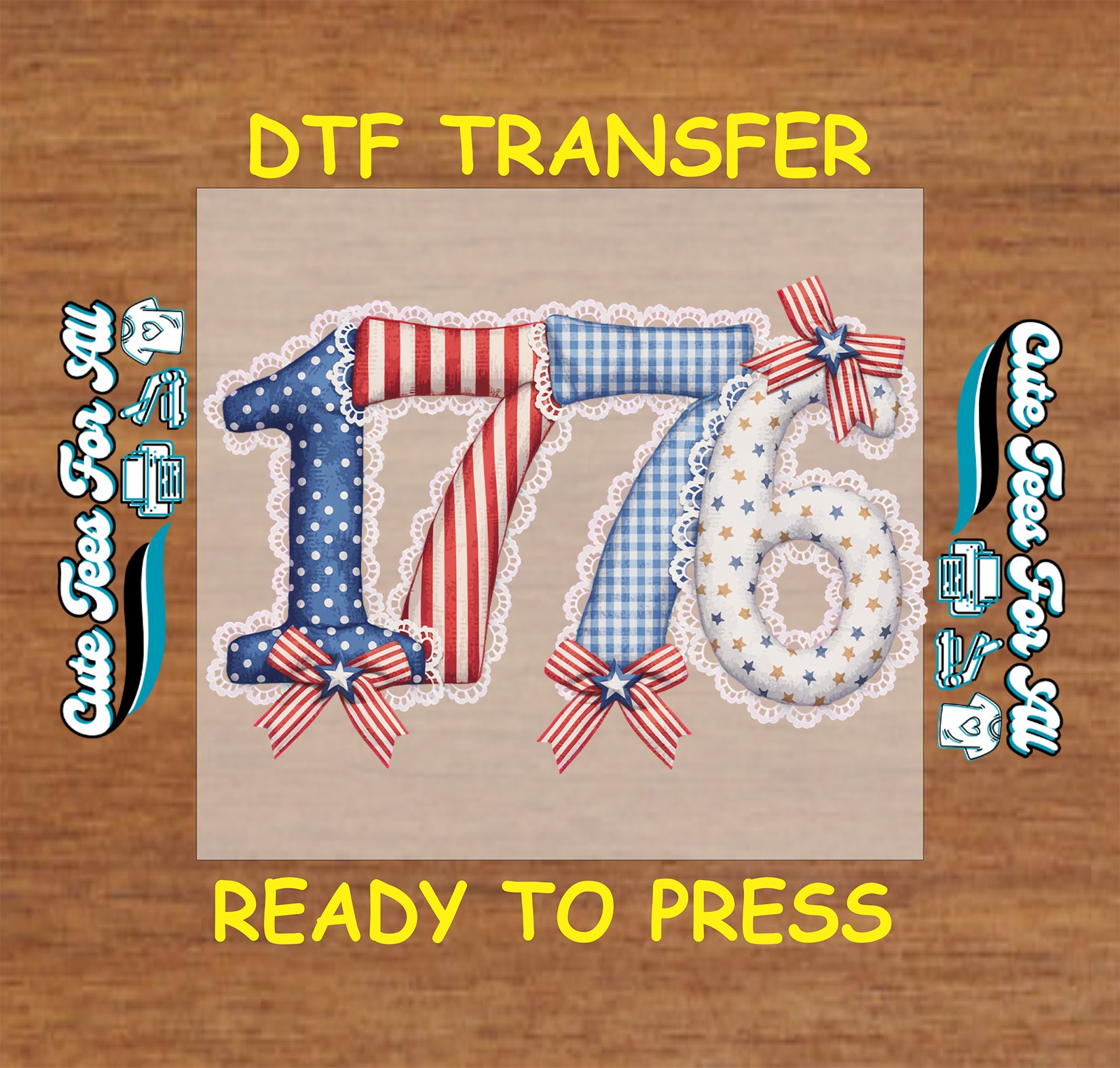 DTF transfer with decorative numbers and ribbons on a wooden background