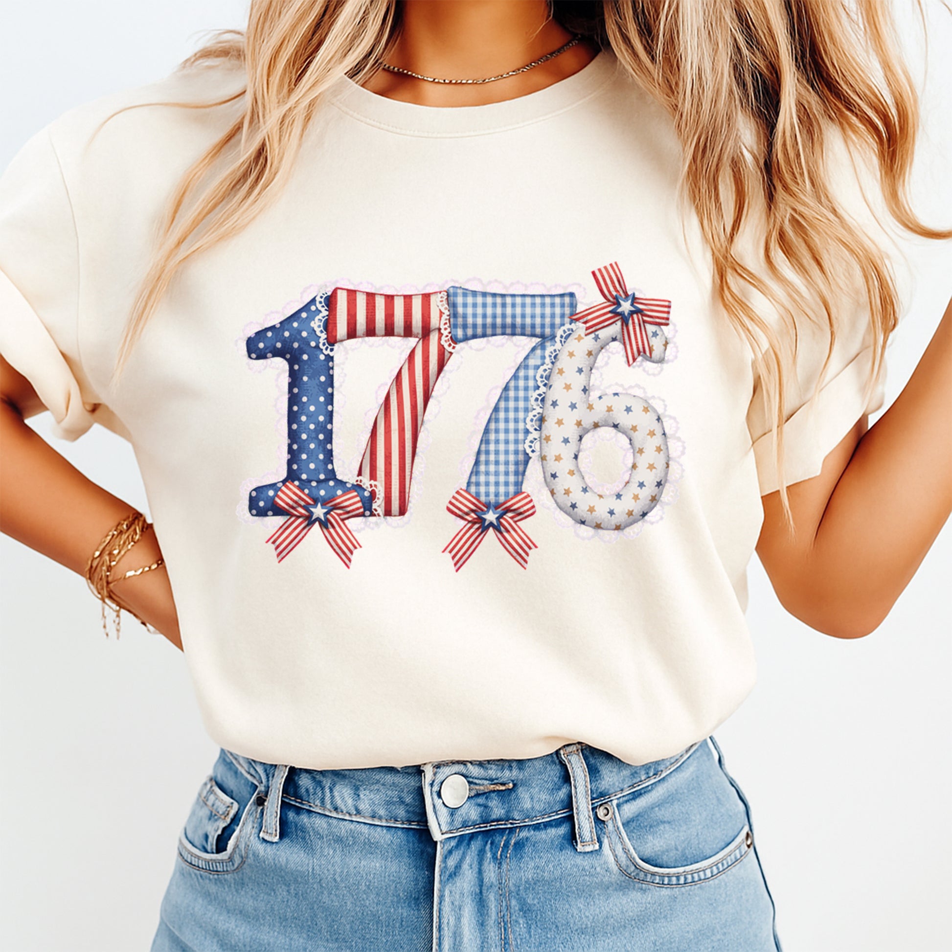 Fourth of July 1776 bow DTF transfer mockup with patriotic patchwork number design