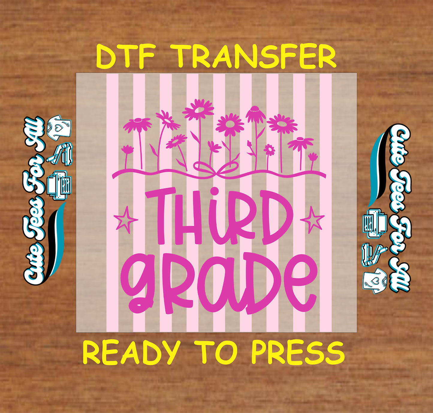 Third grade DTF transfer with flowers on a striped background, ready to press.
