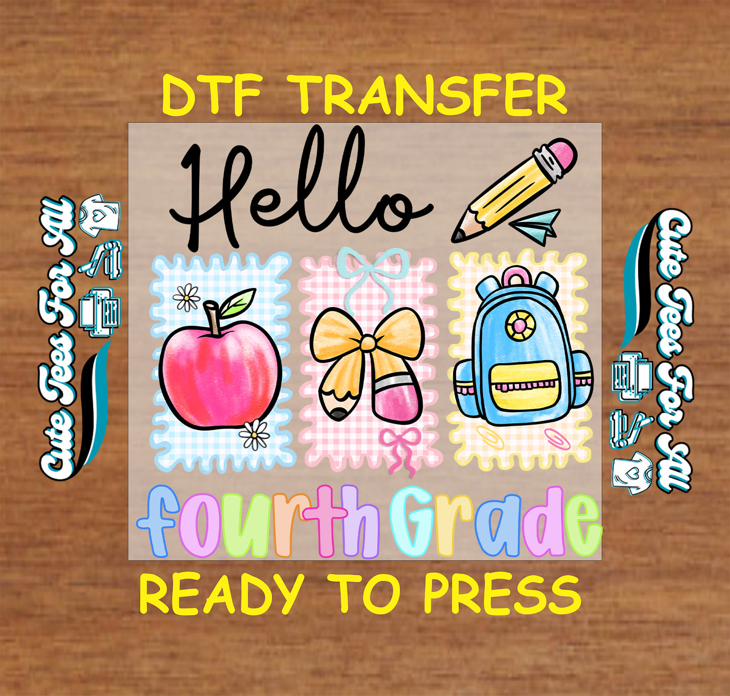 DTF transfer with educational graphics and text on a wooden background