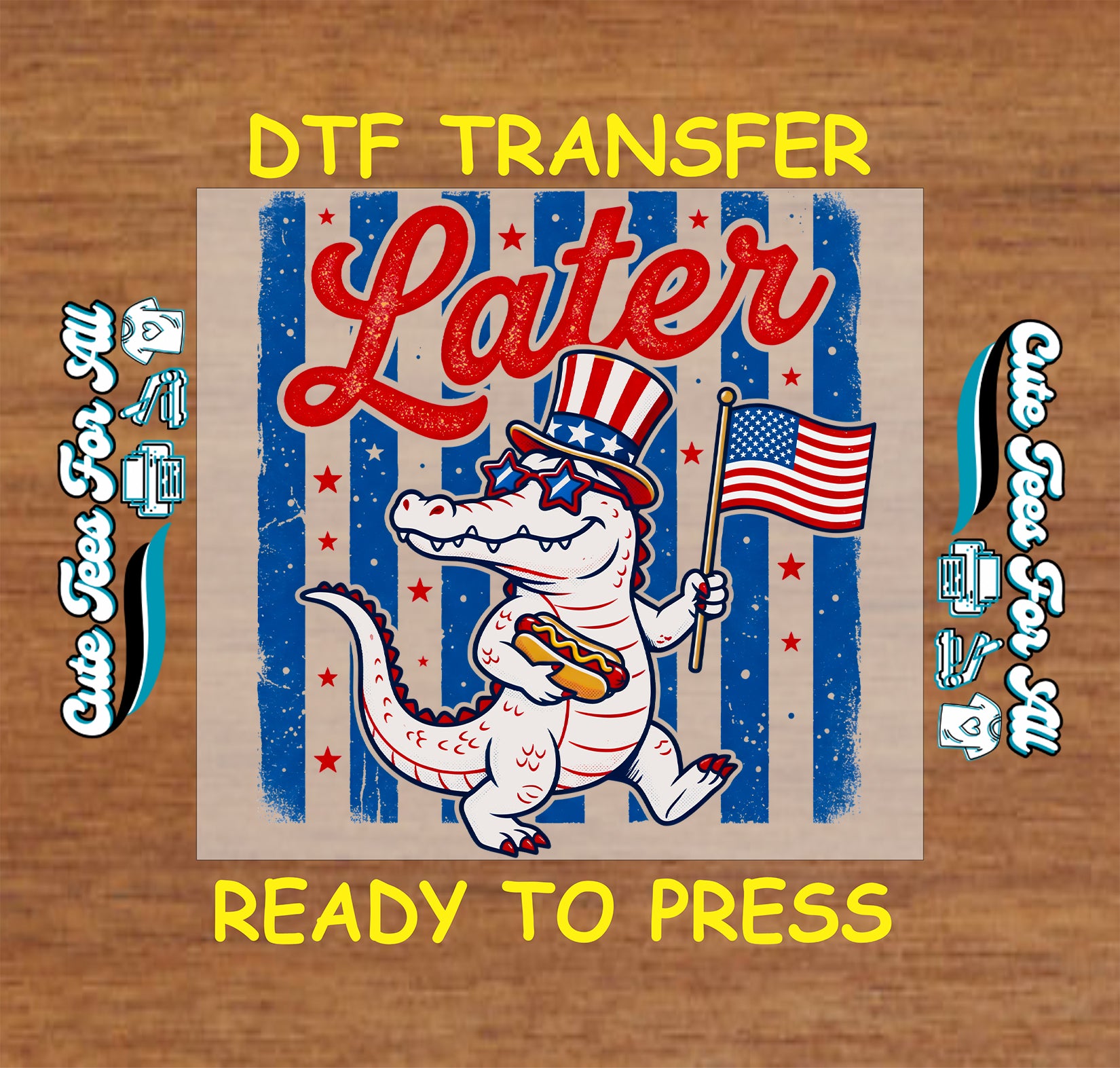 Alligator with American flag and hot dog on a blue and red striped background with 'Later' text, on a wooden surface.