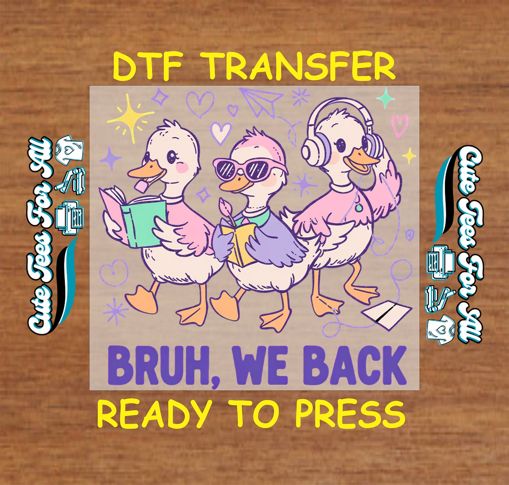 Cartoon ducks with text 'BRUH, WE BACK' on a wooden background