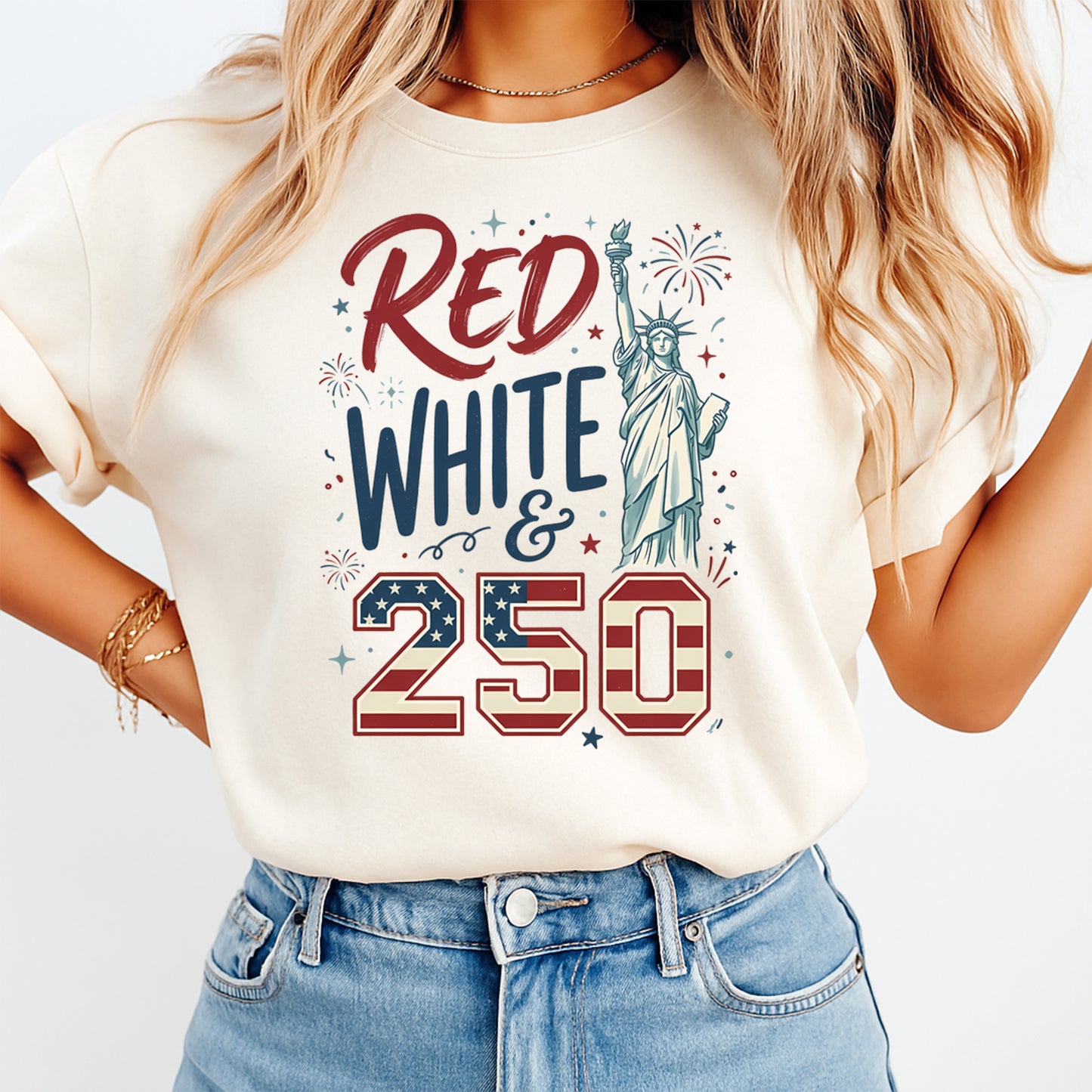 Woman wearing cream shirt with Fourth of July Red White 250 DTF transfer featuring Lady Liberty and patriotic lettering