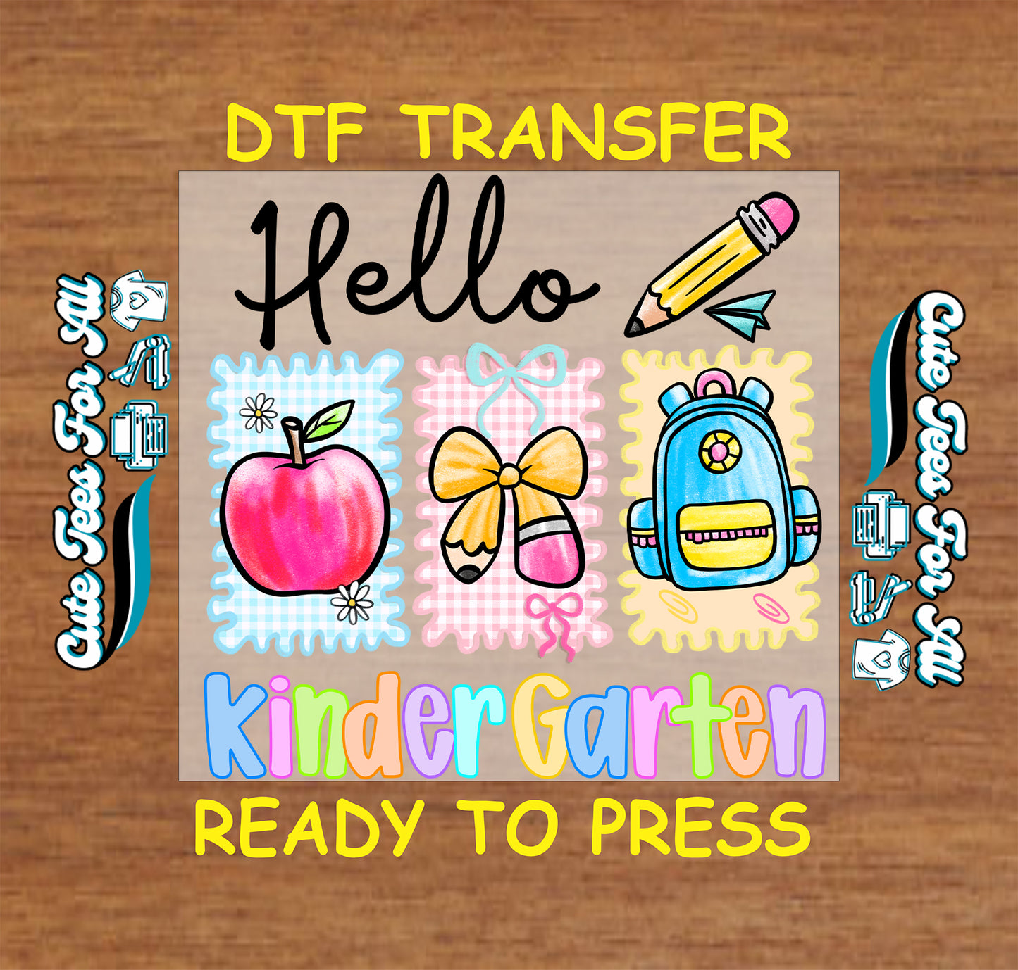 DTF transfer with educational icons and text on a wooden background