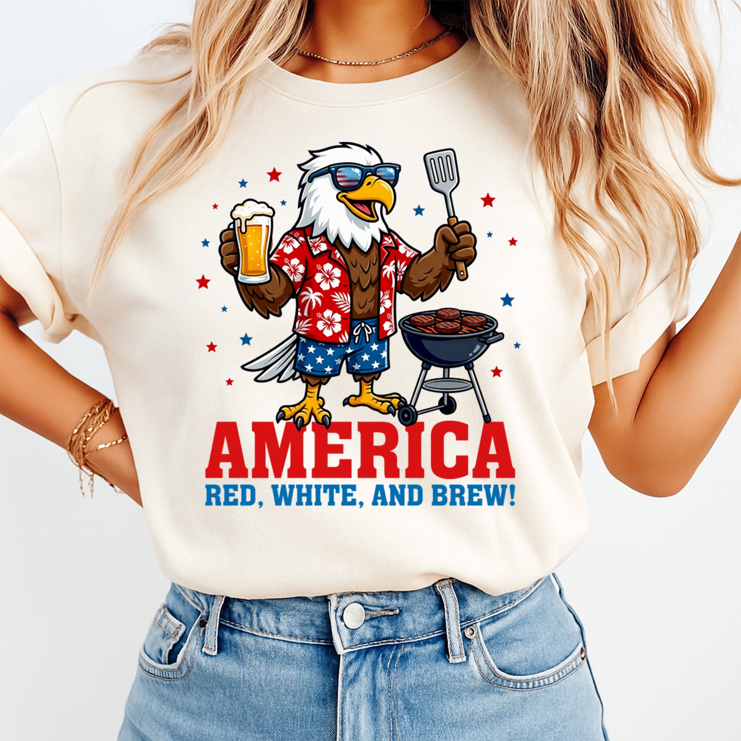Woman wearing cream shirt with Fourth of July Red White and Brew DTF transfer featuring patriotic eagle and BBQ design