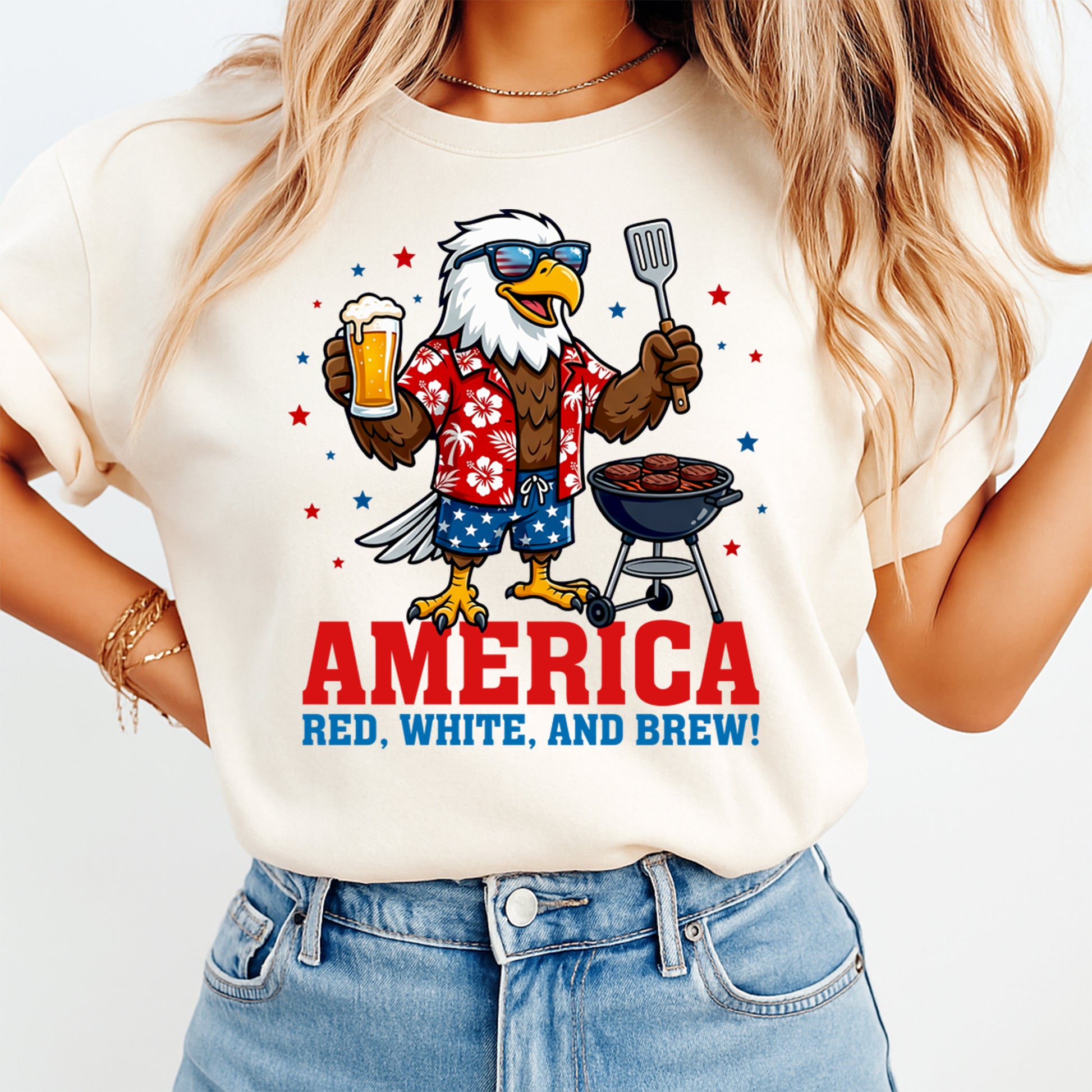 Woman wearing cream shirt with Fourth of July Red White and Brew DTF transfer featuring patriotic eagle and BBQ design