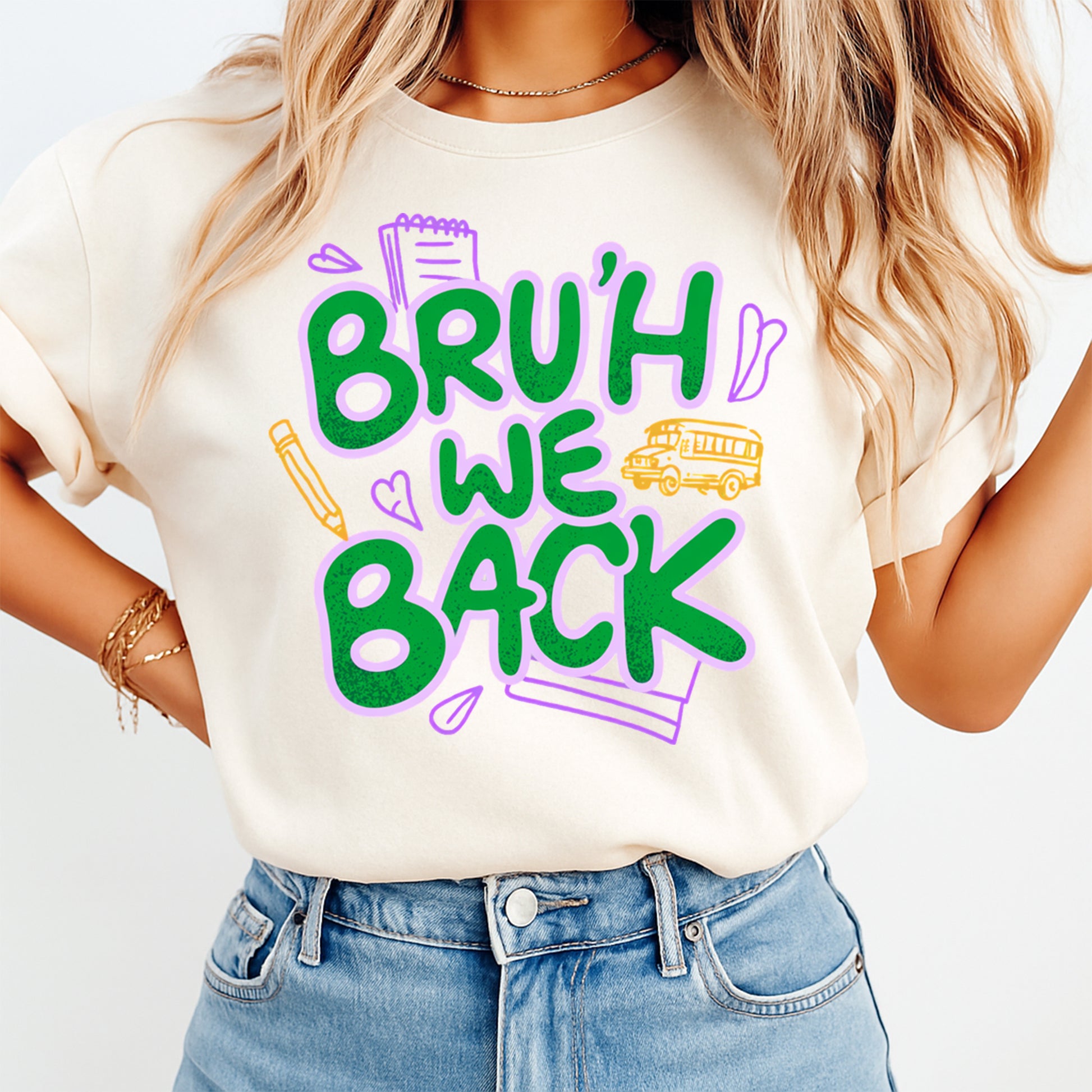 Person wearing a white t-shirt with 'BRU'H WE BACK' text and graphics.