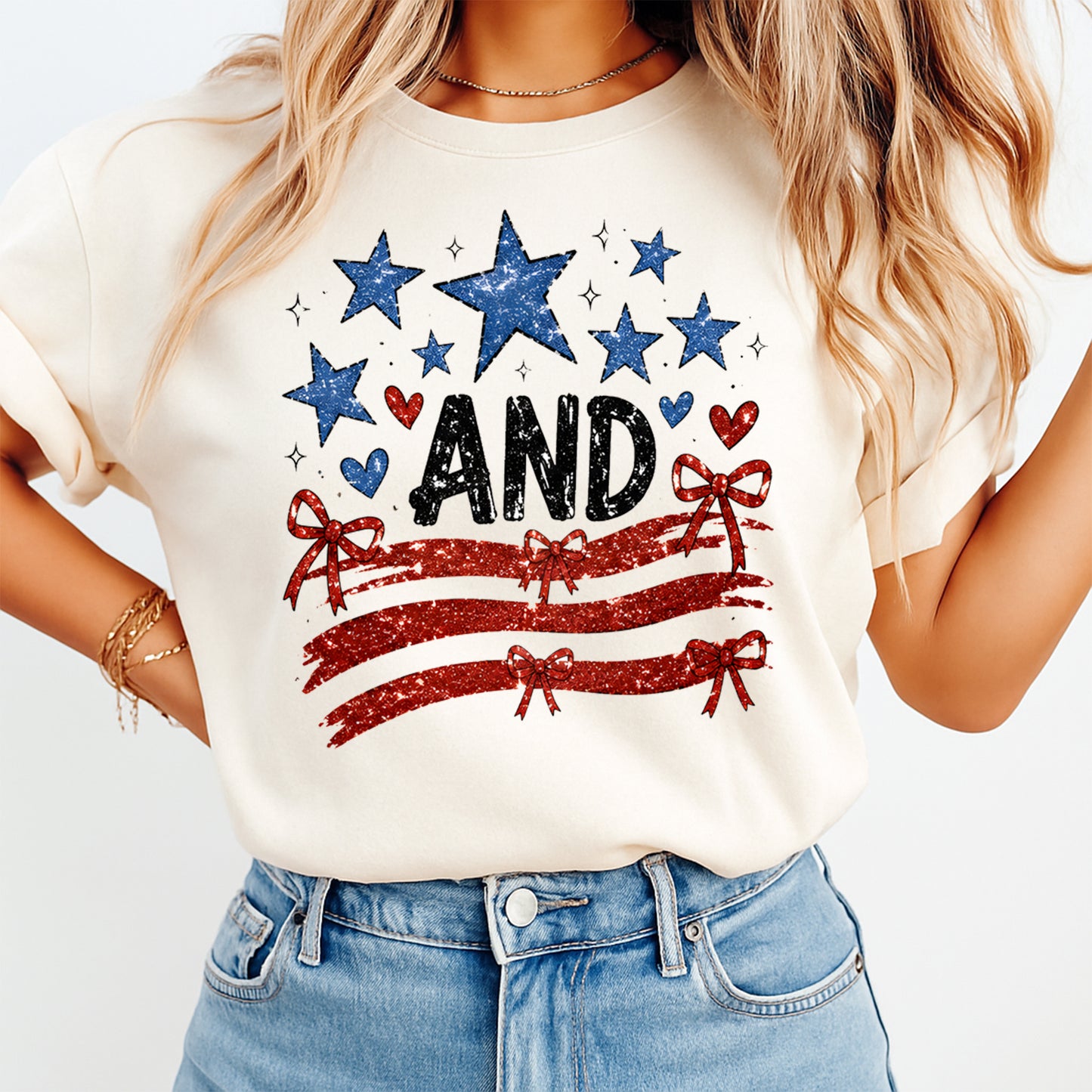 Woman wearing cream shirt with Fourth of July stars and bows DTF transfer featuring patriotic hearts and flag stripes