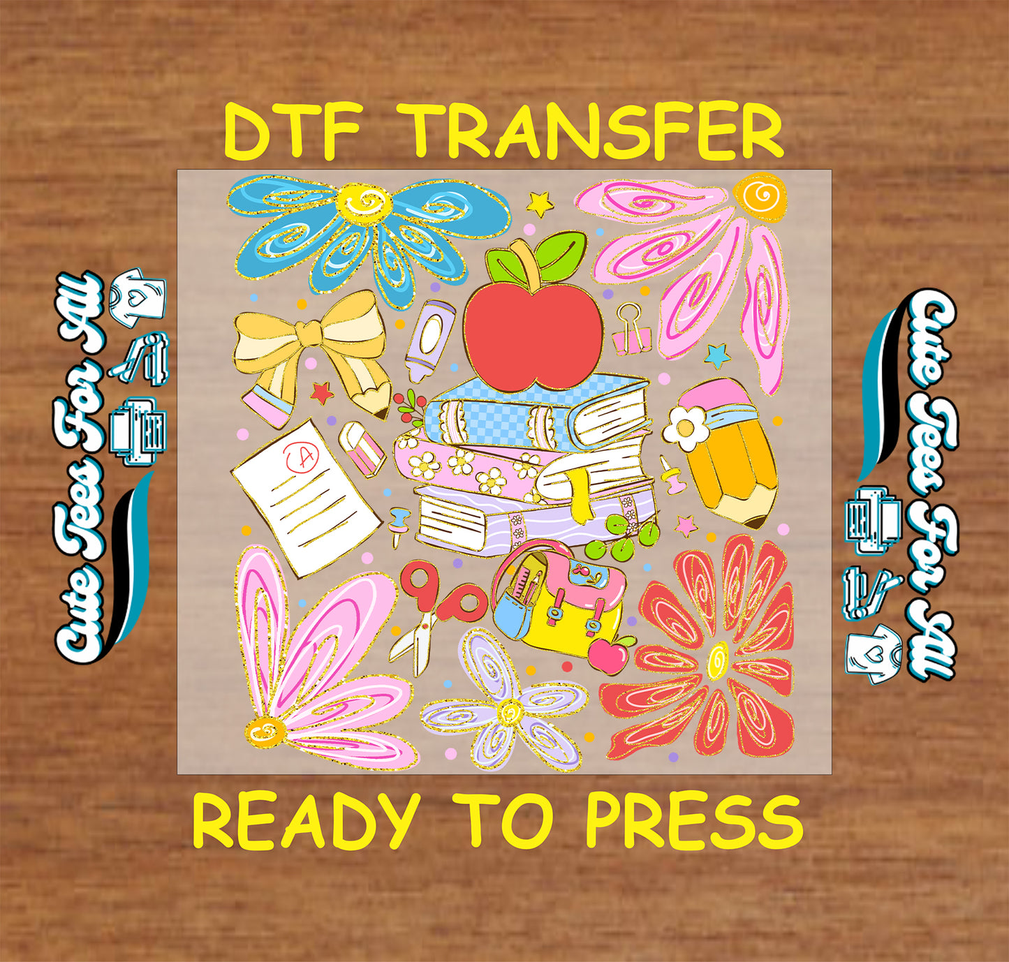 DTF transfer with colorful graphics on a wooden surface