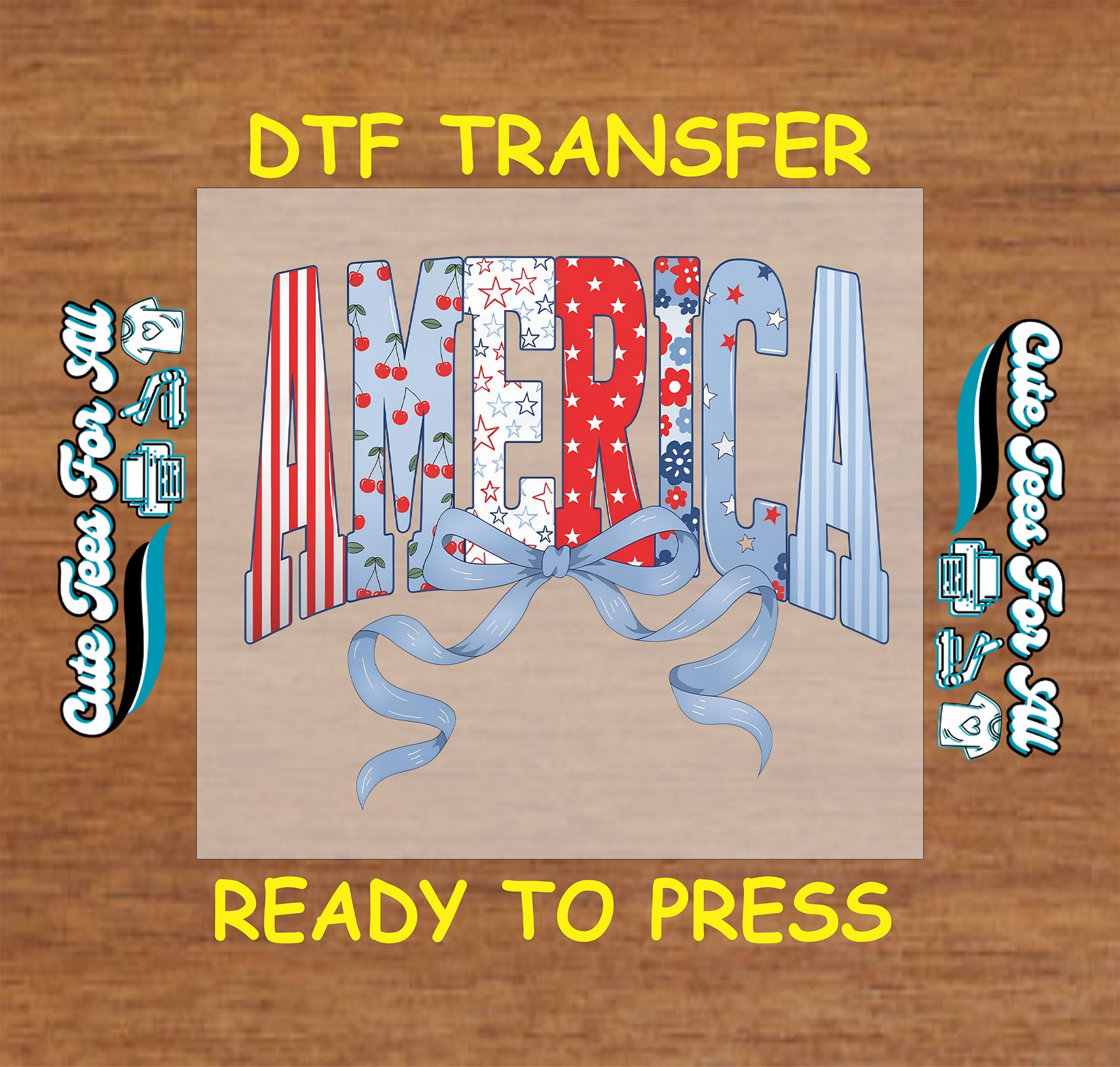 Fourth of July America bow DTF transfer with red stripes, cherries, stars, florals, blue patterns, and bow accent