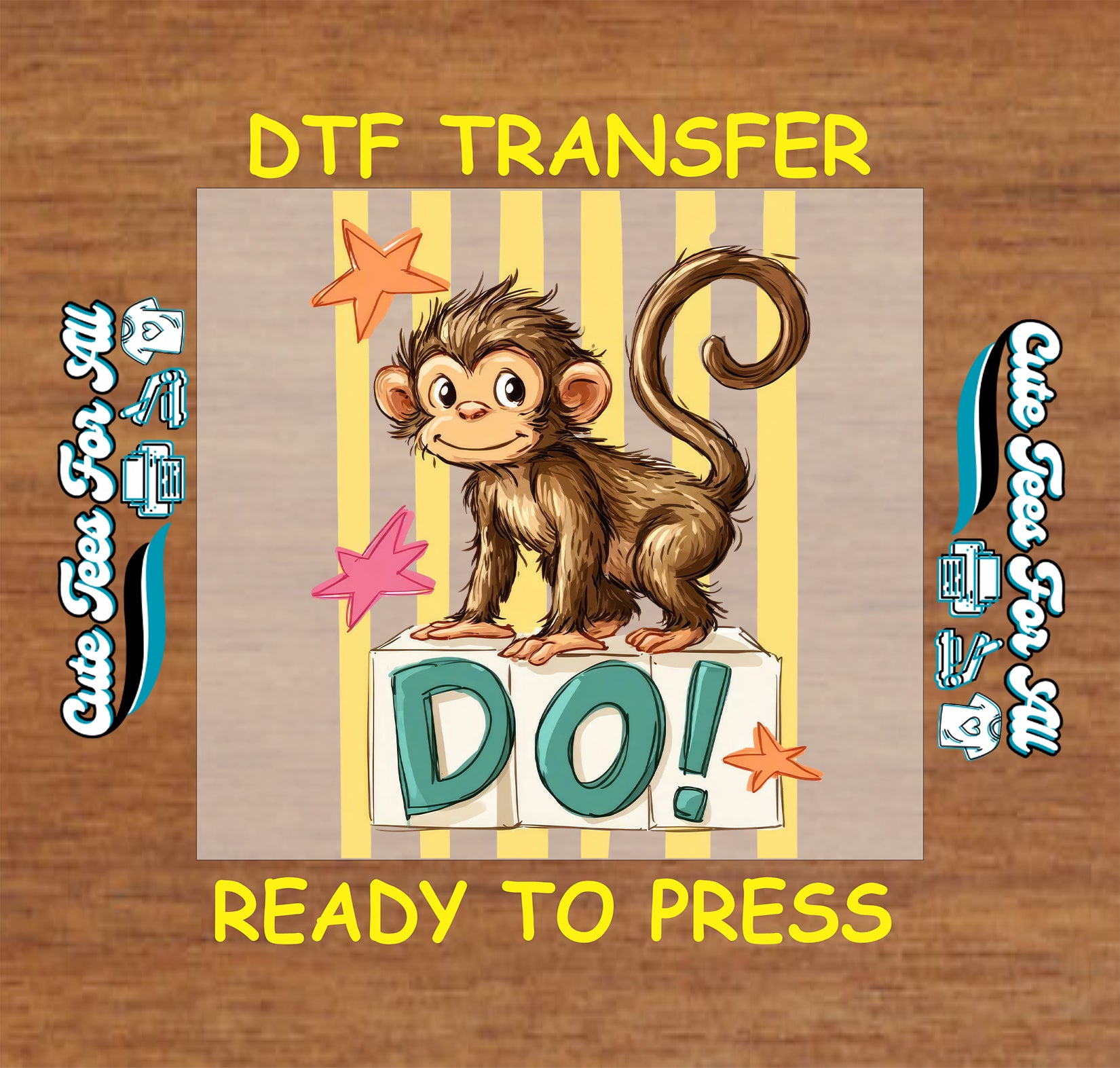 DTF transfer with a monkey design on a wooden background