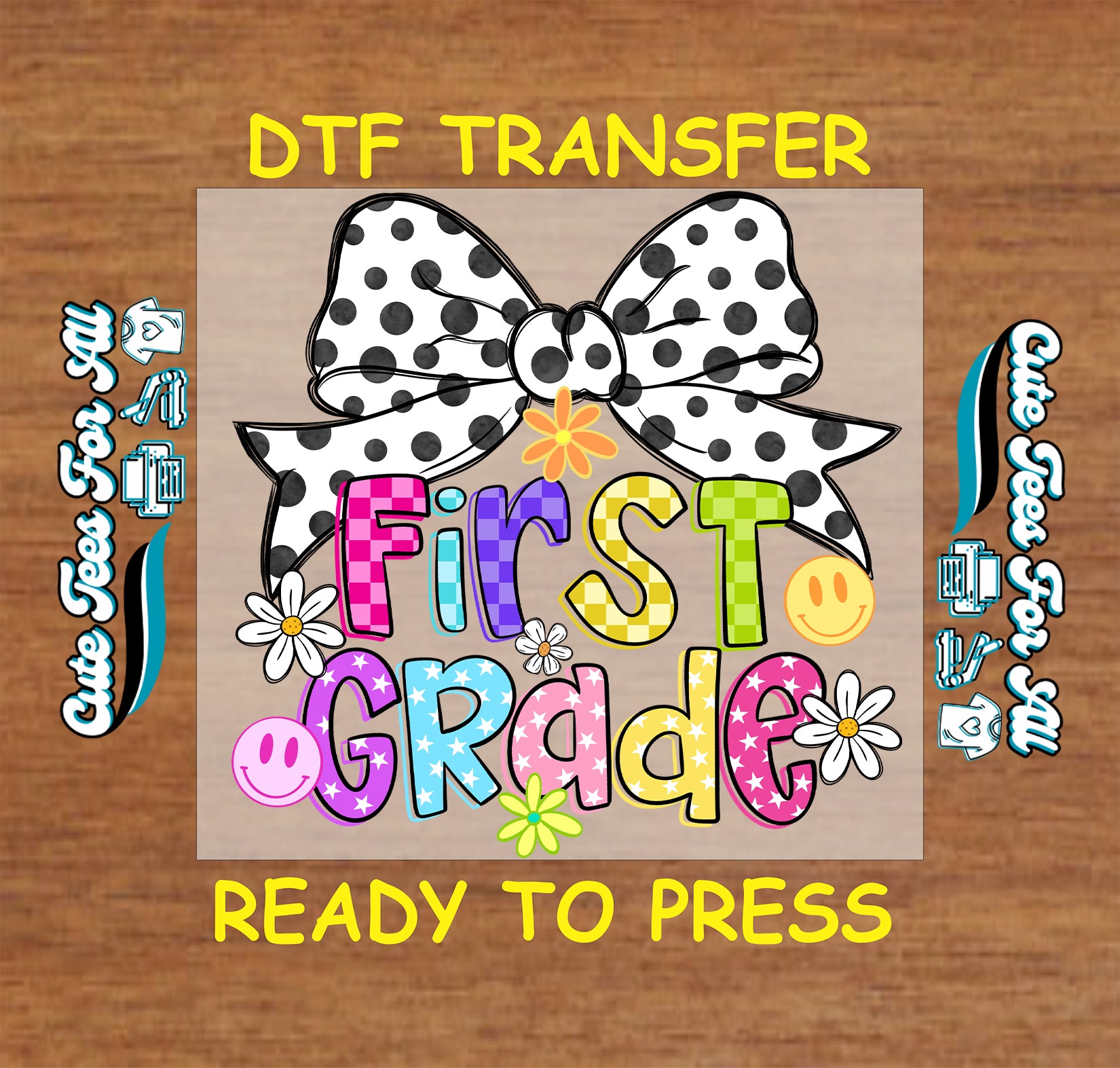 First Grade DTF transfer with polka dot bow on a wooden background