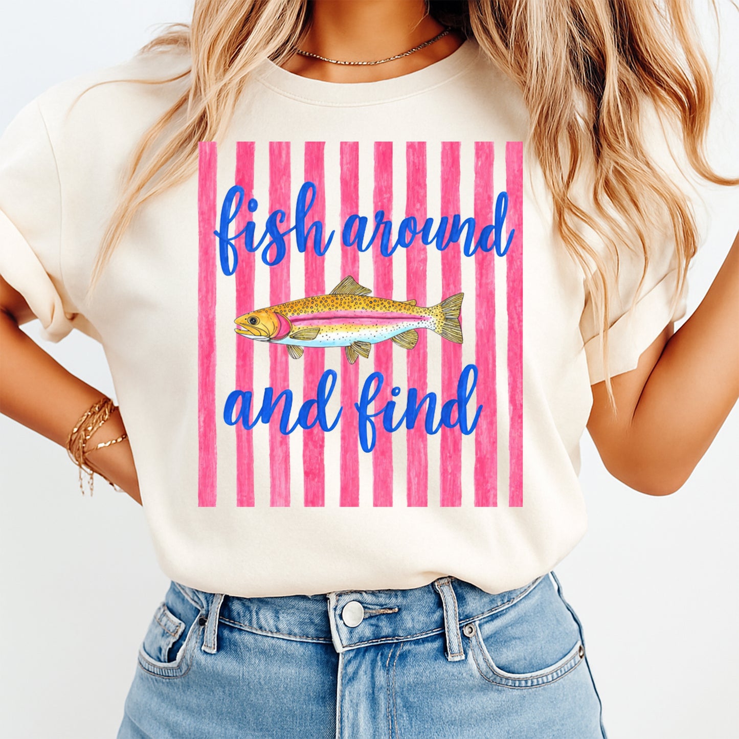Person wearing a t-shirt with a fish graphic and text on a white background