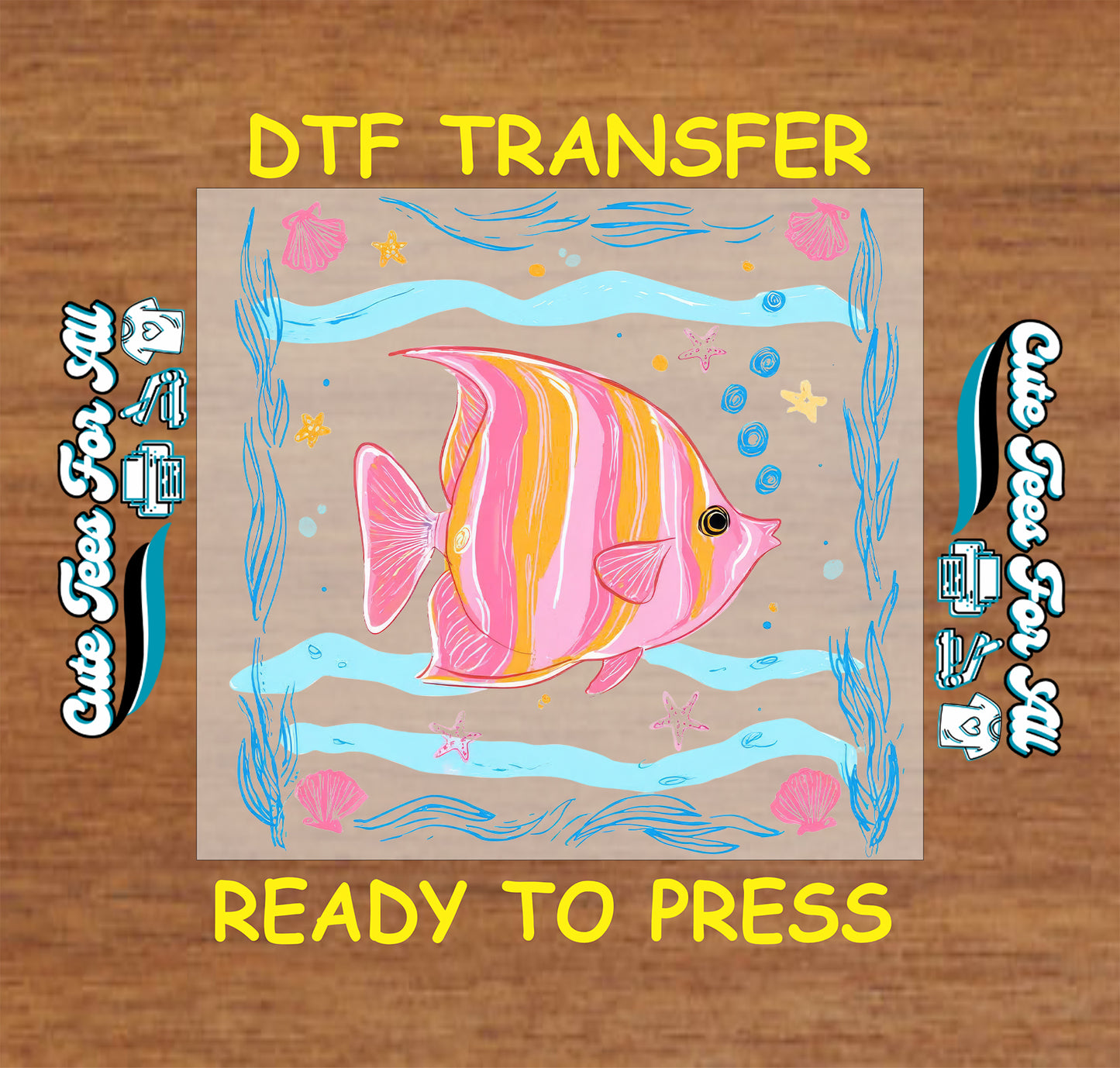 DTF transfer with a colorful fish design on a wooden surface