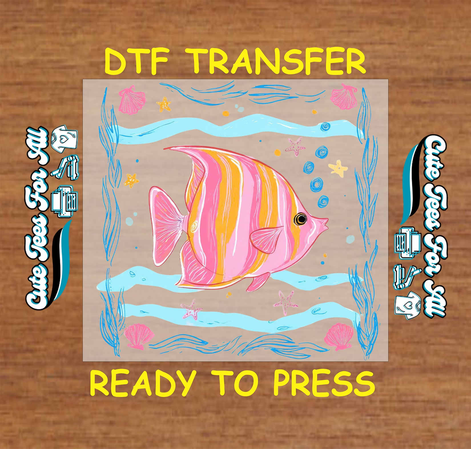 DTF transfer with a colorful fish design on a wooden surface
