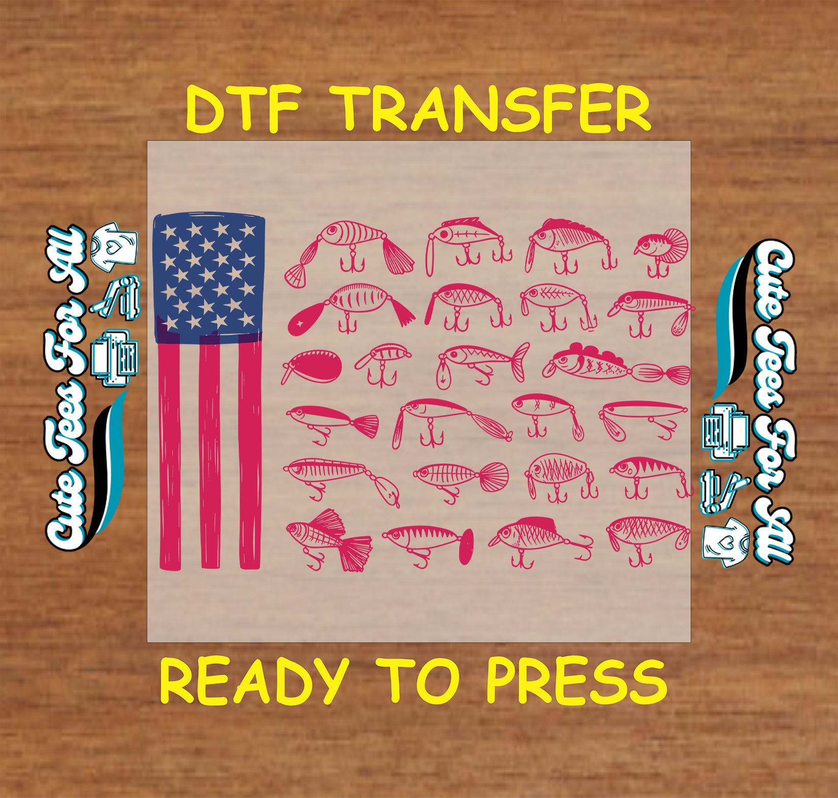 DTF transfer with American flag and fishing lure pattern on a wooden surface