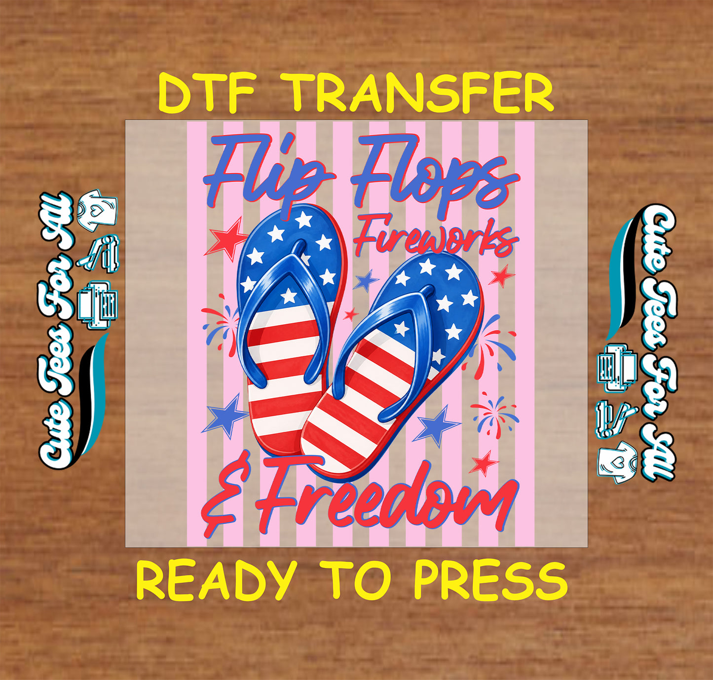 DTF transfer with American flag design and text on a wooden background