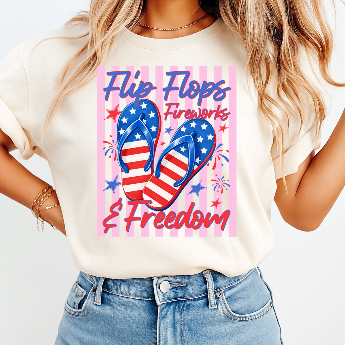 Woman wearing cream shirt with Fourth of July Flip Flops Fireworks Freedom DTF transfer featuring patriotic flip flops and fireworks