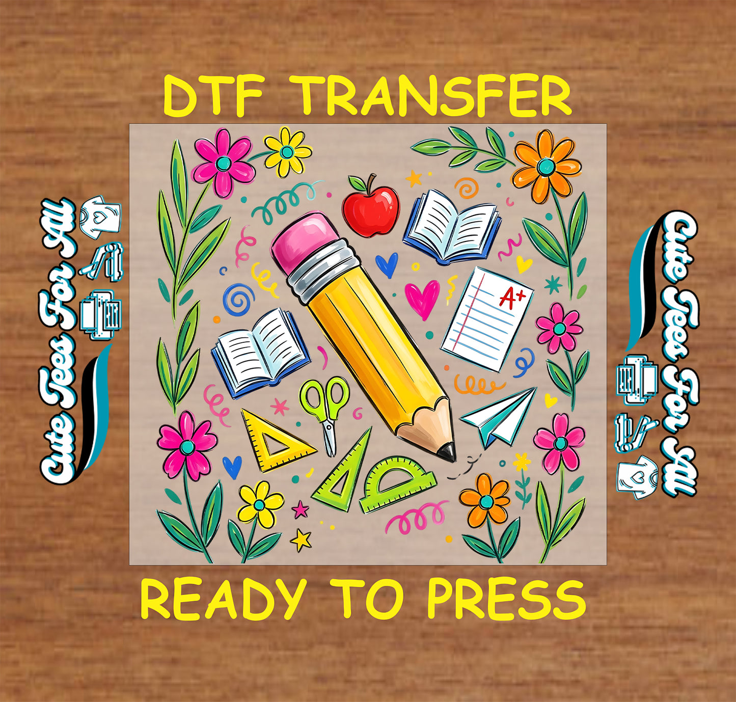 DTF transfer with educational graphics on a wooden surface