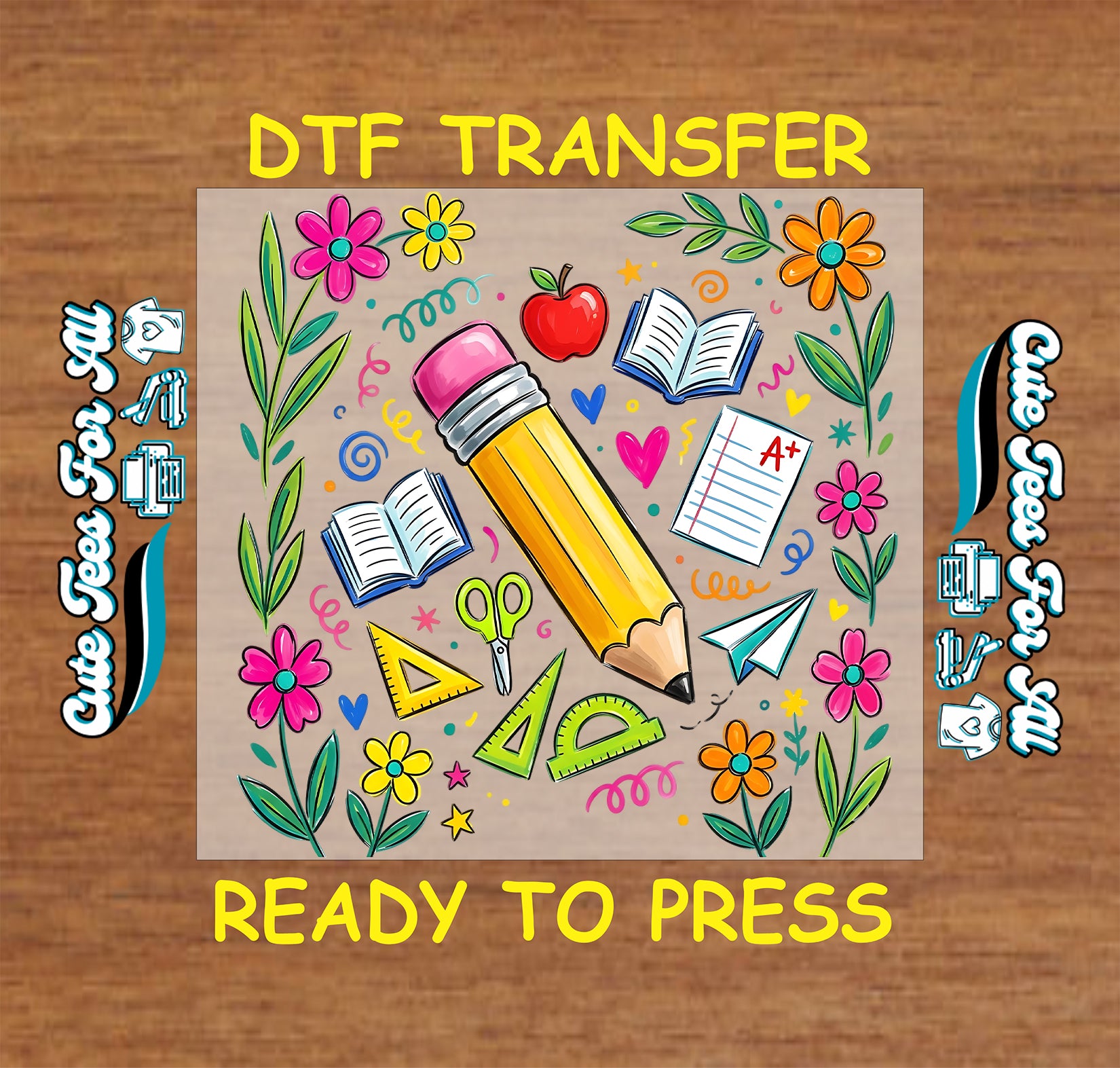 DTF transfer with educational graphics on a wooden surface