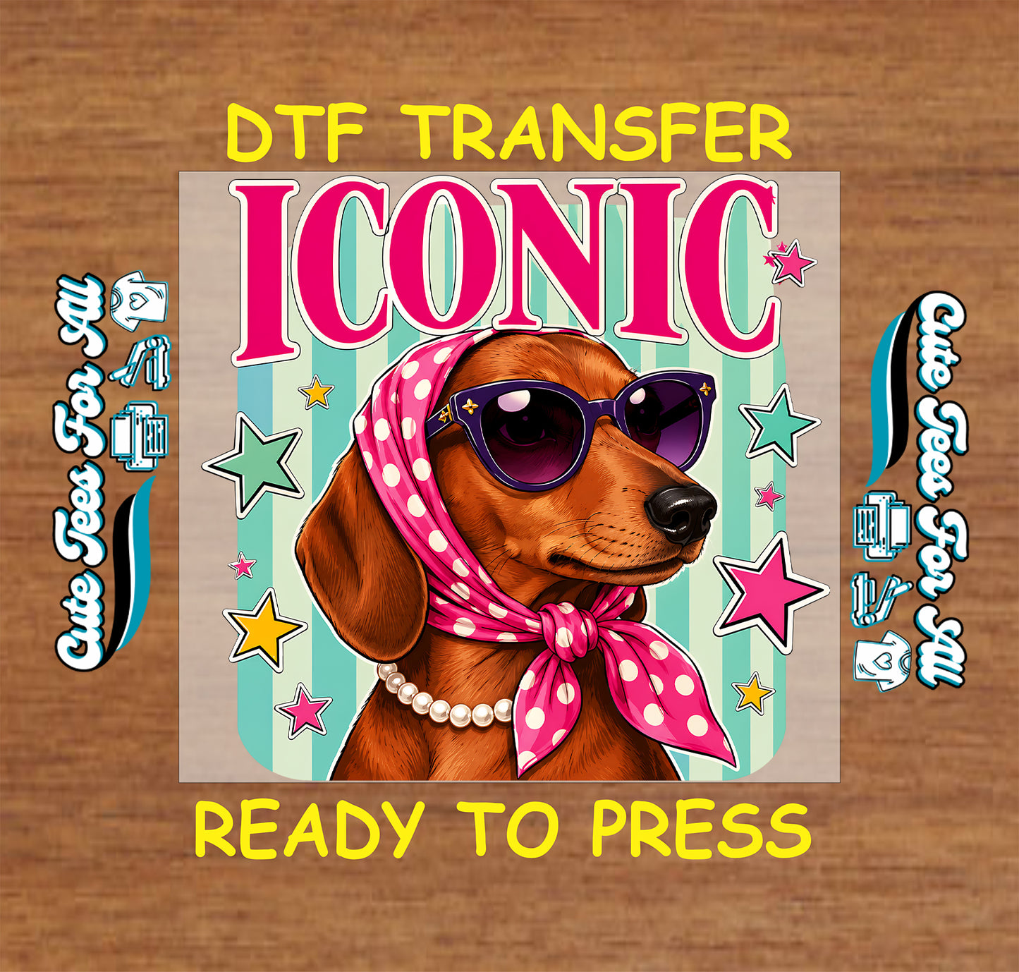 DTF transfer with a dog wearing sunglasses and a bandana on a wooden background
