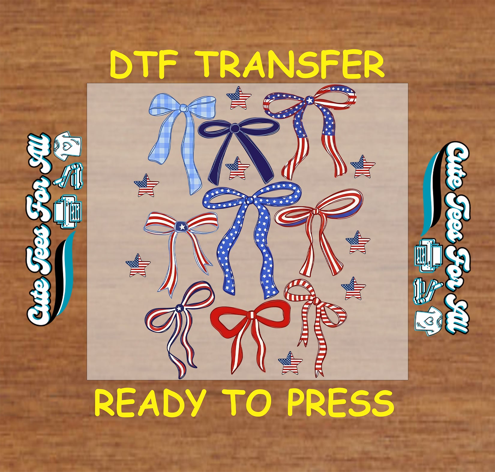 Fourth of July patriotic bows DTF transfer with red white and blue bows, stars, stripes, gingham, and Americana details