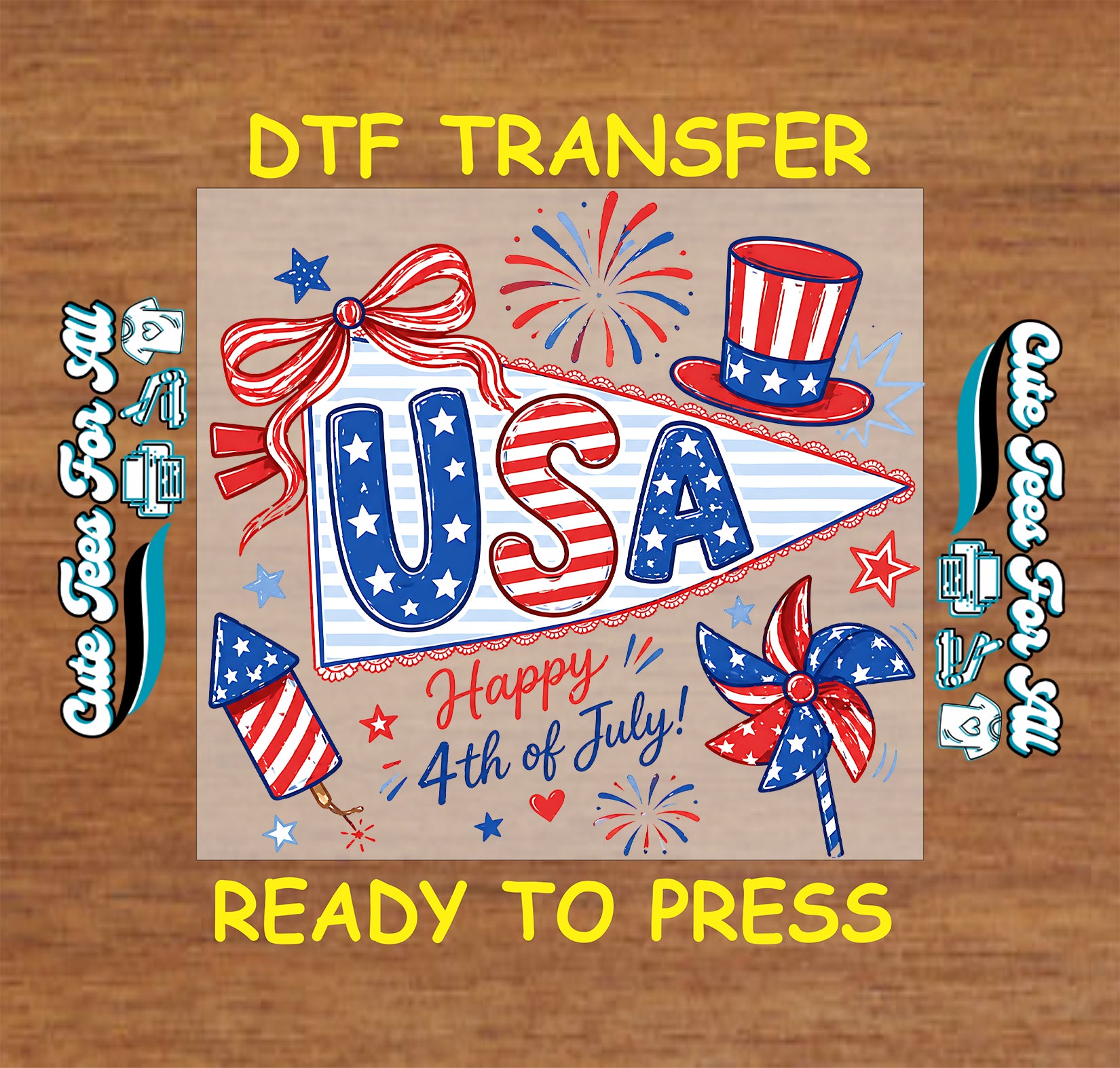 DTF transfer with 'USA' and 4th of July design on a wooden background
