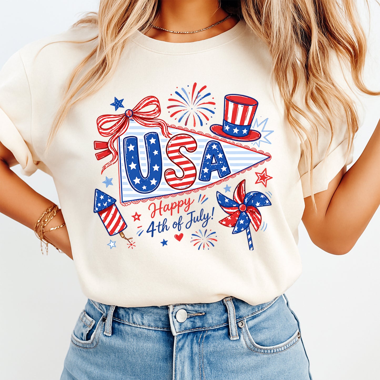 Person wearing a white t-shirt with 4th of July-themed graphics and text.